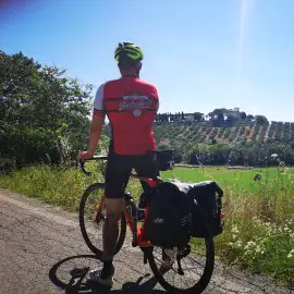 Tourenfahrer mit Packtaschen im Grünen